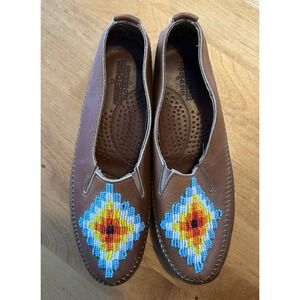 Minnetonka Southwest Aztec Beaded Leather Loafers RARE Size 9 Stitched Made USA